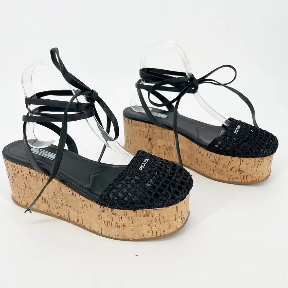 Prada Black Raffia Crochet Logo Cork Platform Lace Up Ankle Tie Sandals IT 41